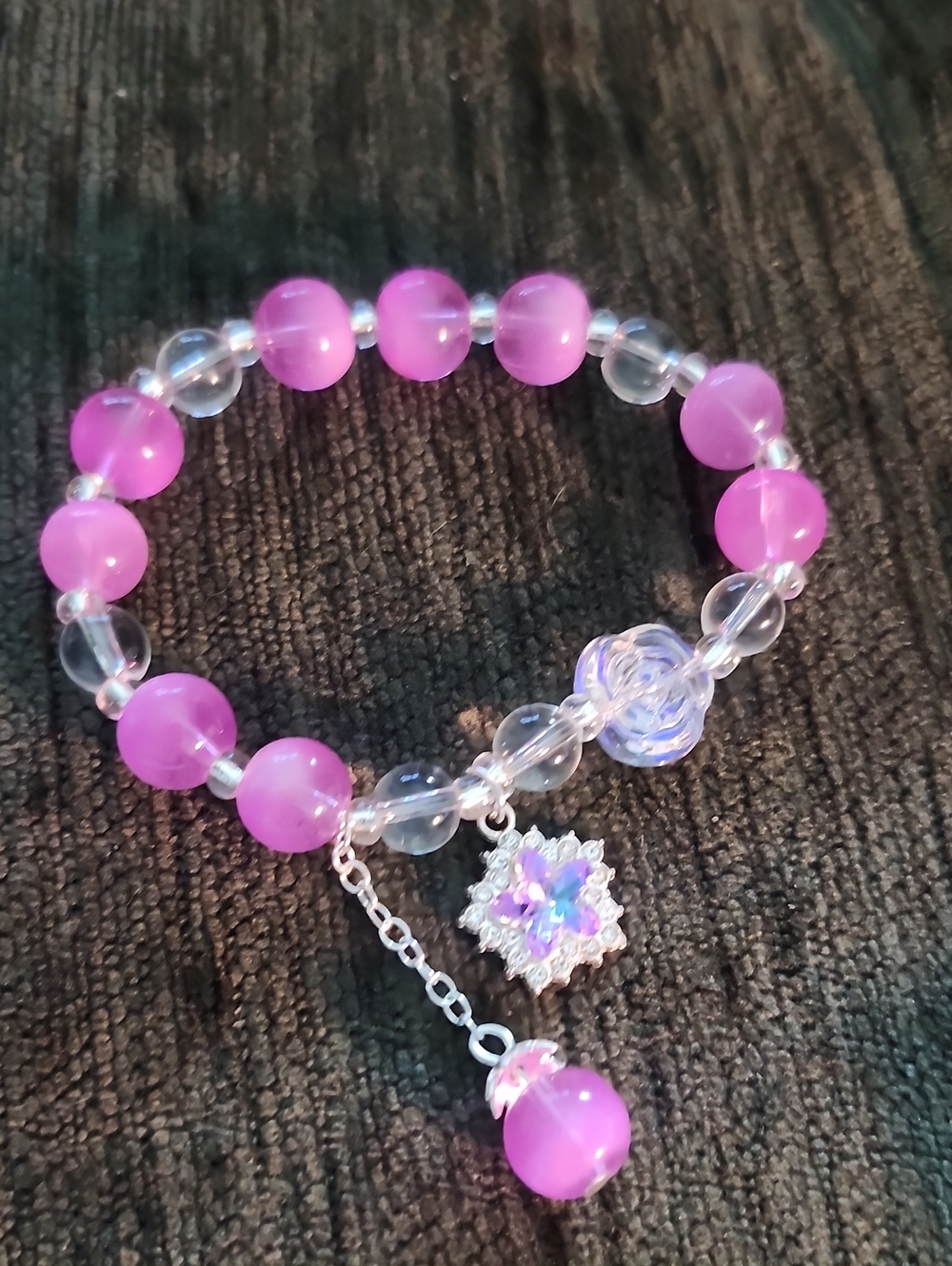 Pink Beaded Charm Bracelet with Crystal Flower Accent